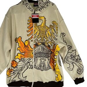 Vibes XL Graphic Eagle Crest Zip‎ Up Hoodie Beige Brown Menswear
